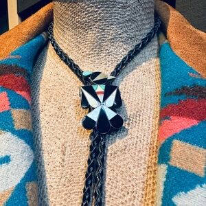 Zuni Thunderbird Sterling Silver bolo tie with multi-stone channel inlay
